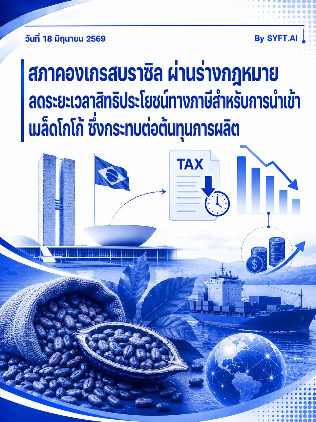 สภาคองเกรสบราซิล ผ่านร่างกฎหมาย  ลดระยะเวลาสิทธิประโยชน์ทางภาษีสำหรับการนำเข้า  เมล็ดโกโก้ ซึ่งกระทบต่อต้นทุนการผลิต