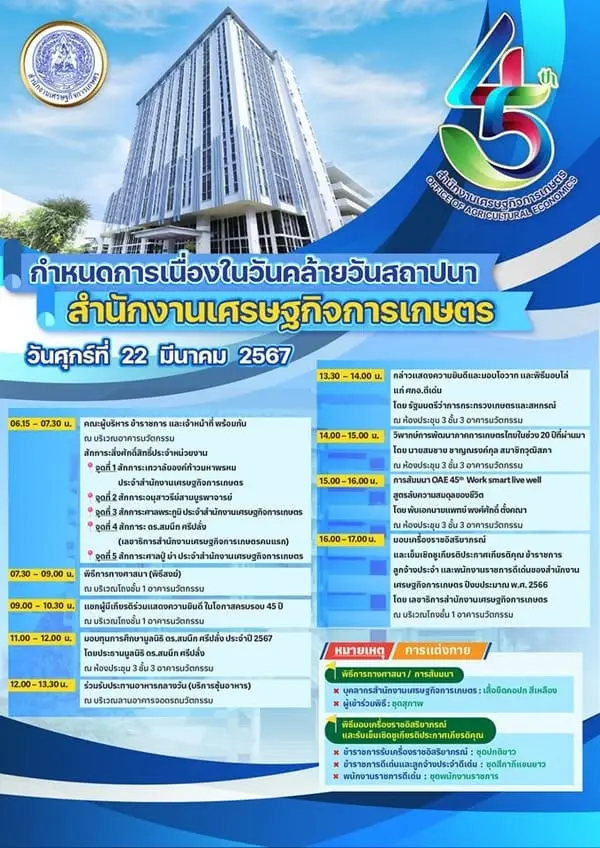 กำหนดการและกิจกรรม เนื่องในวันคล้ายวันสถาปนาสำนักงานเศรษฐกิจการเกษตร ประจำปี 2567
